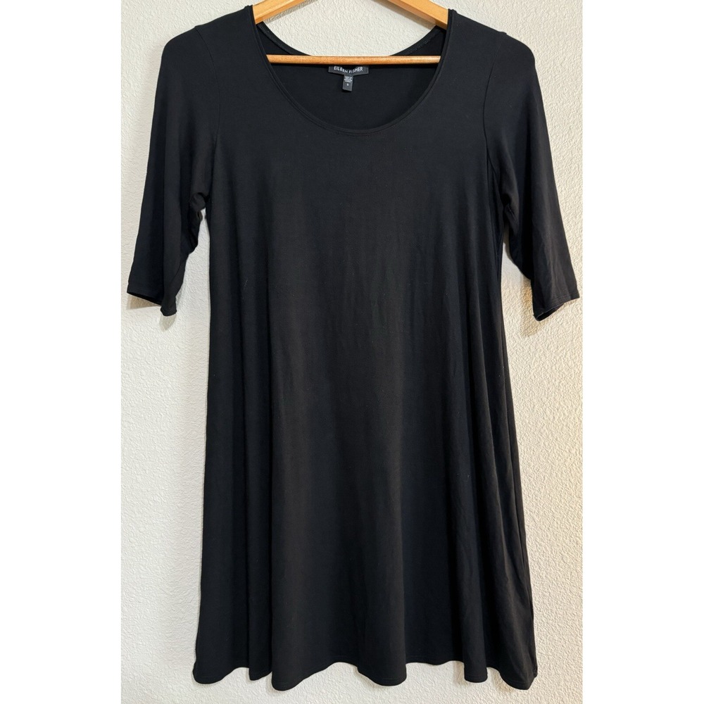 Eileen Fisher Black Dress Size S  Minimalist 3/4 Sleeve A-line Quiet Luxury‎